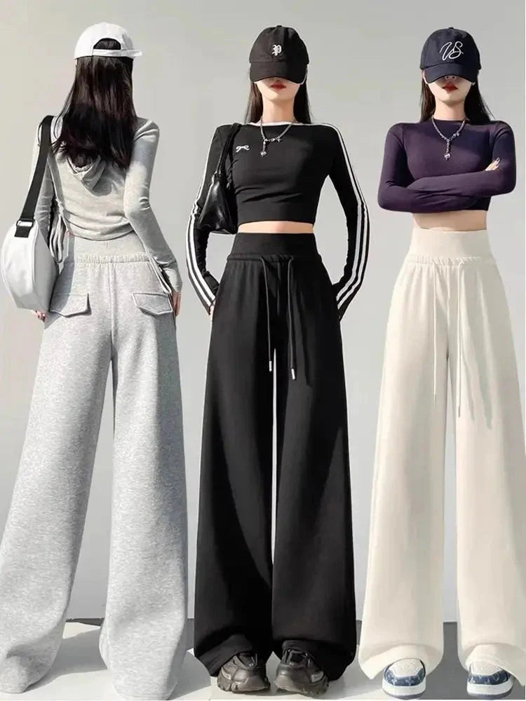 Gray High-Waist Loose Wide-Leg Straight Pants Women