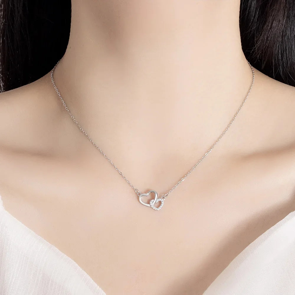 925 Sterling Silver Zircon Double Heart Necklaces For Women Girls Wedding Luxury Designer Jewelry Accessories Argent 925