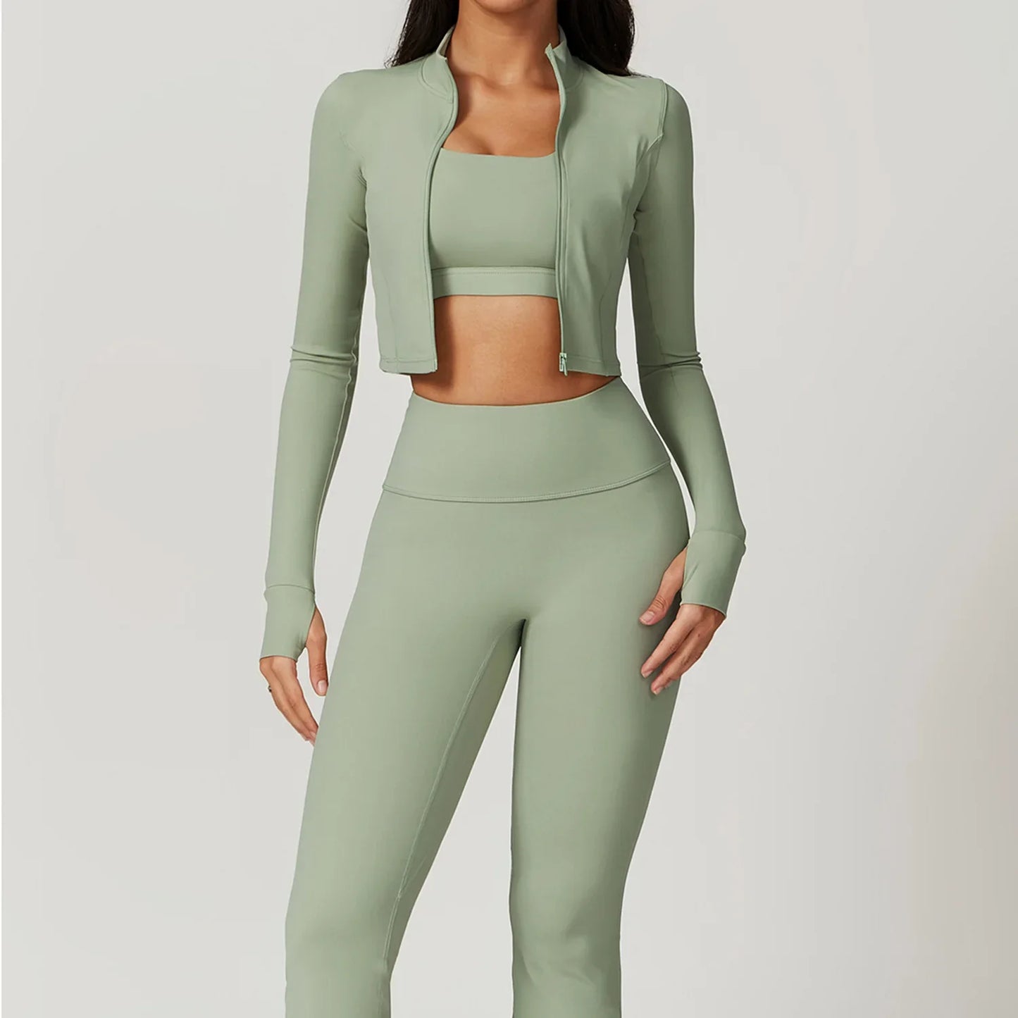 Women's 3-Piece Activewear Set – Sports Bra, Leggings & Long-Sleeve Top