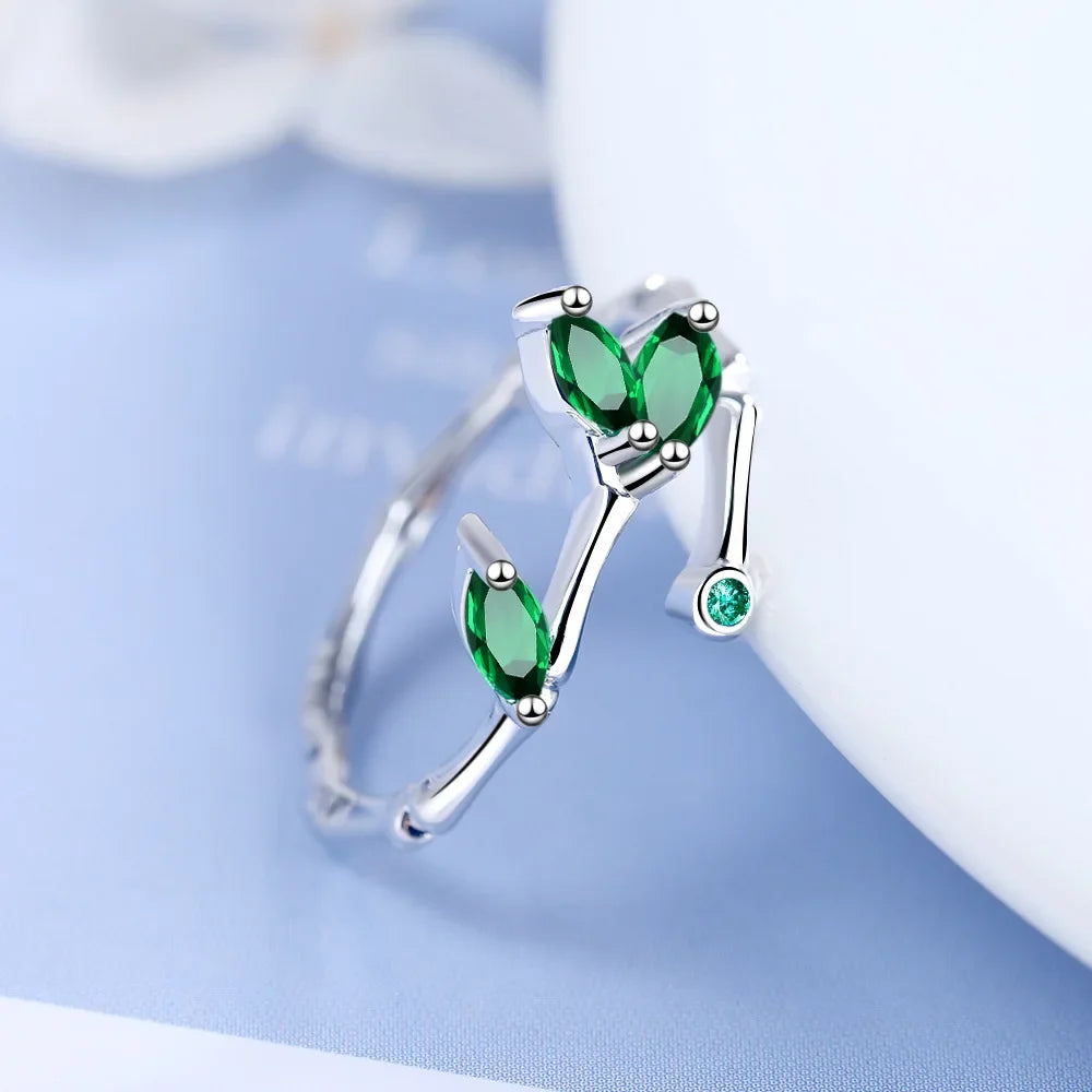 925 Sterling Silver Twig Green Leaf Rings For Women Couple Vintage Elegant Luxury Jewelry Ladies Accessorie Jewellery