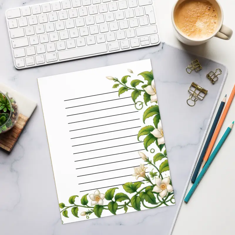 Floral Elegance Ruled Notepad - White Flowers Design - DipaliZ