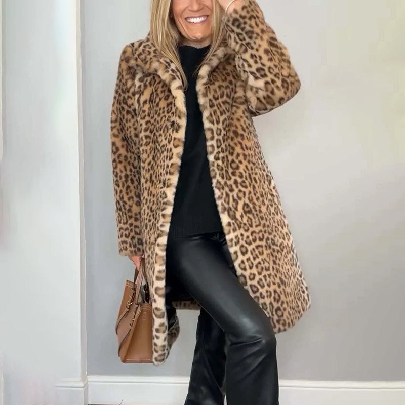 Leopard Print Plush Jacket — Cozy Loose-Fit Mid-Length Outwear
