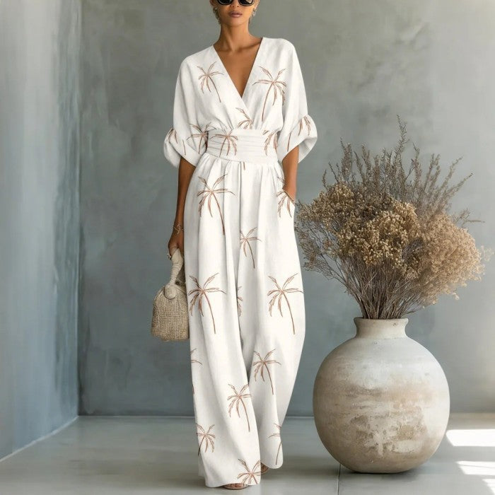 Women's Waist-Cinched V-Neck Printed Wide-Leg Jumpsuit