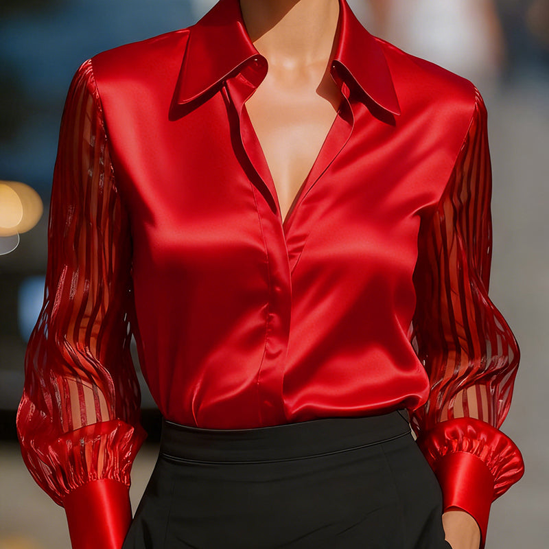 Women’s Satin Lapel Collar Blouse – Sheer Long Sleeve Button-Down Shirt for Office & Spring/Autumn Wear