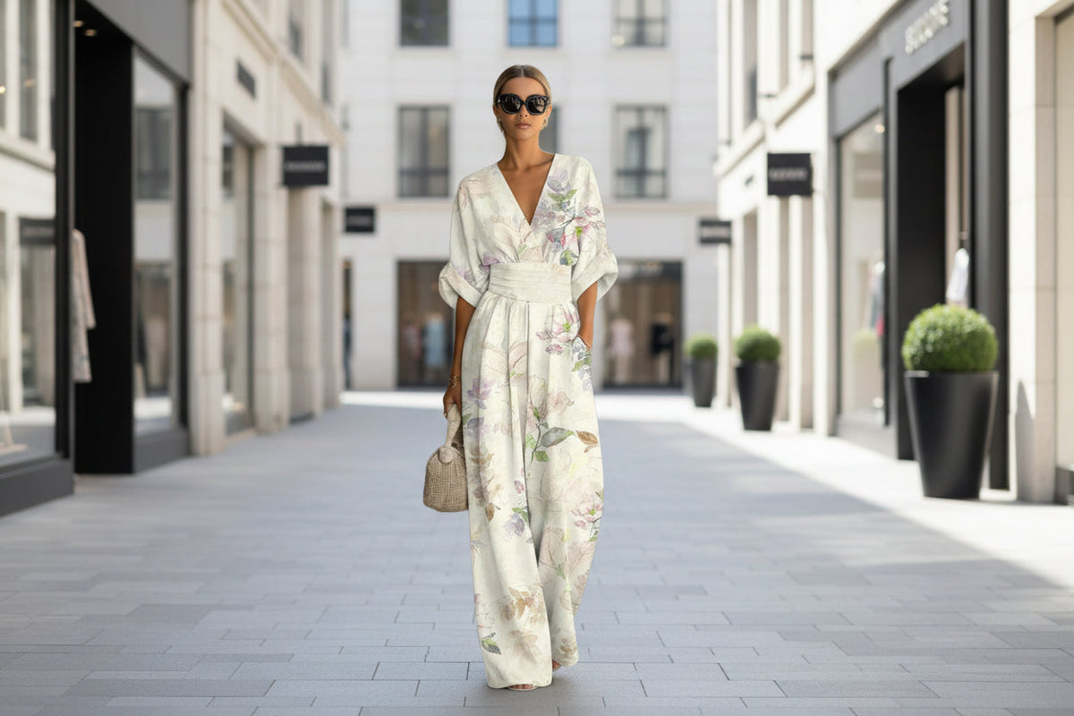Women's Waist-Cinched V-Neck Printed Wide-Leg Jumpsuit