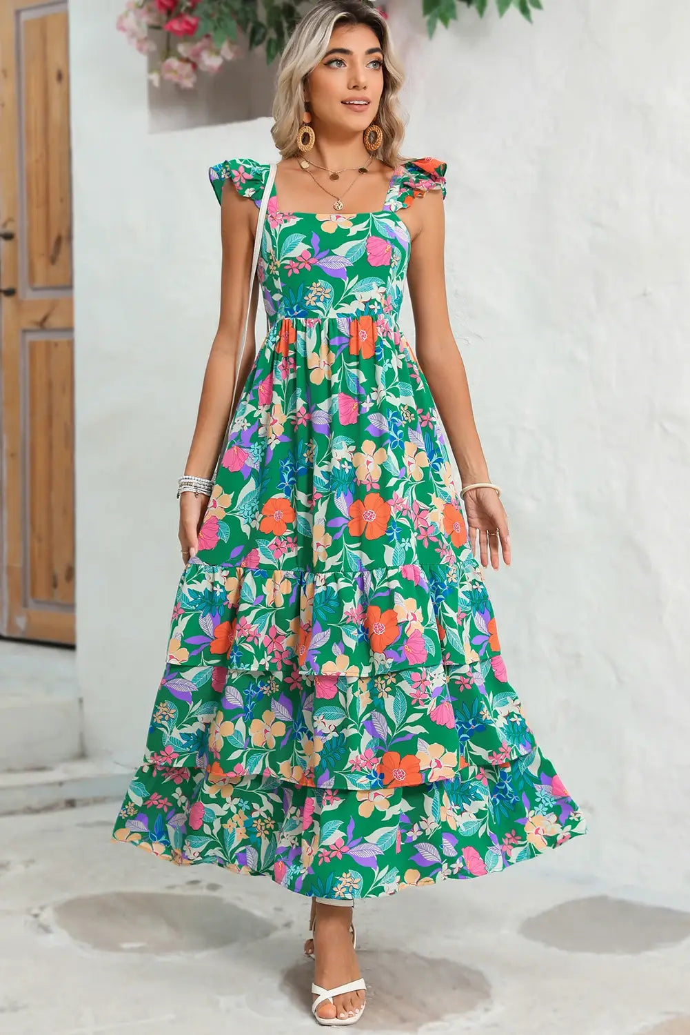 Floral Ruffle Green Tiered Maxi Dress