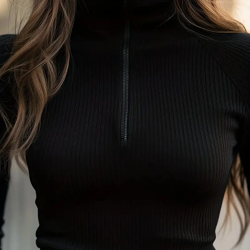 Solid Ribbed Half-Zip Turtleneck Knit Top