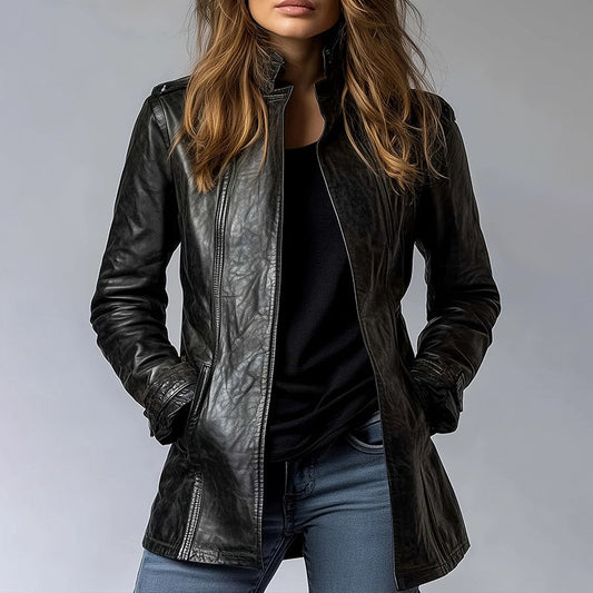 Vintage Style PU Jacket — Mid-Length Open Cardigan Leather Coat with Pockets