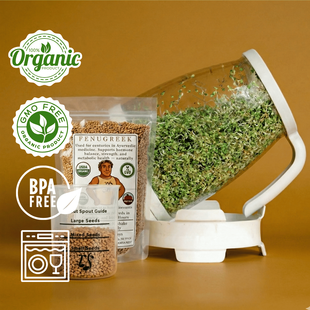 Sprout Spout Fenugreek Starter Kit: Sprout Spout + 4oz or 1lb seeds + Free Sprout Scoop