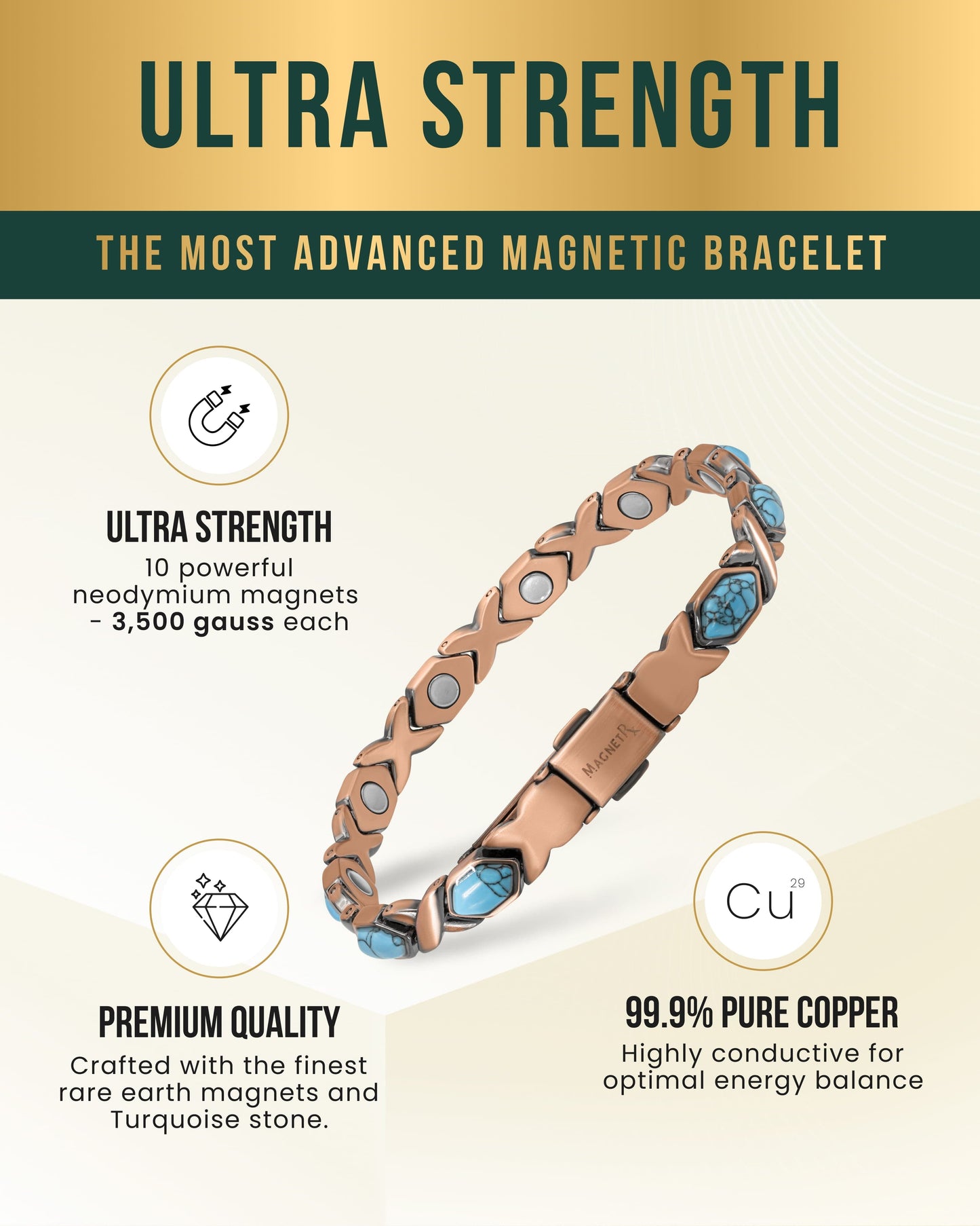 Women's Ultra Strength Pure Copper Magnetic Bracelet (Turquoise XO)