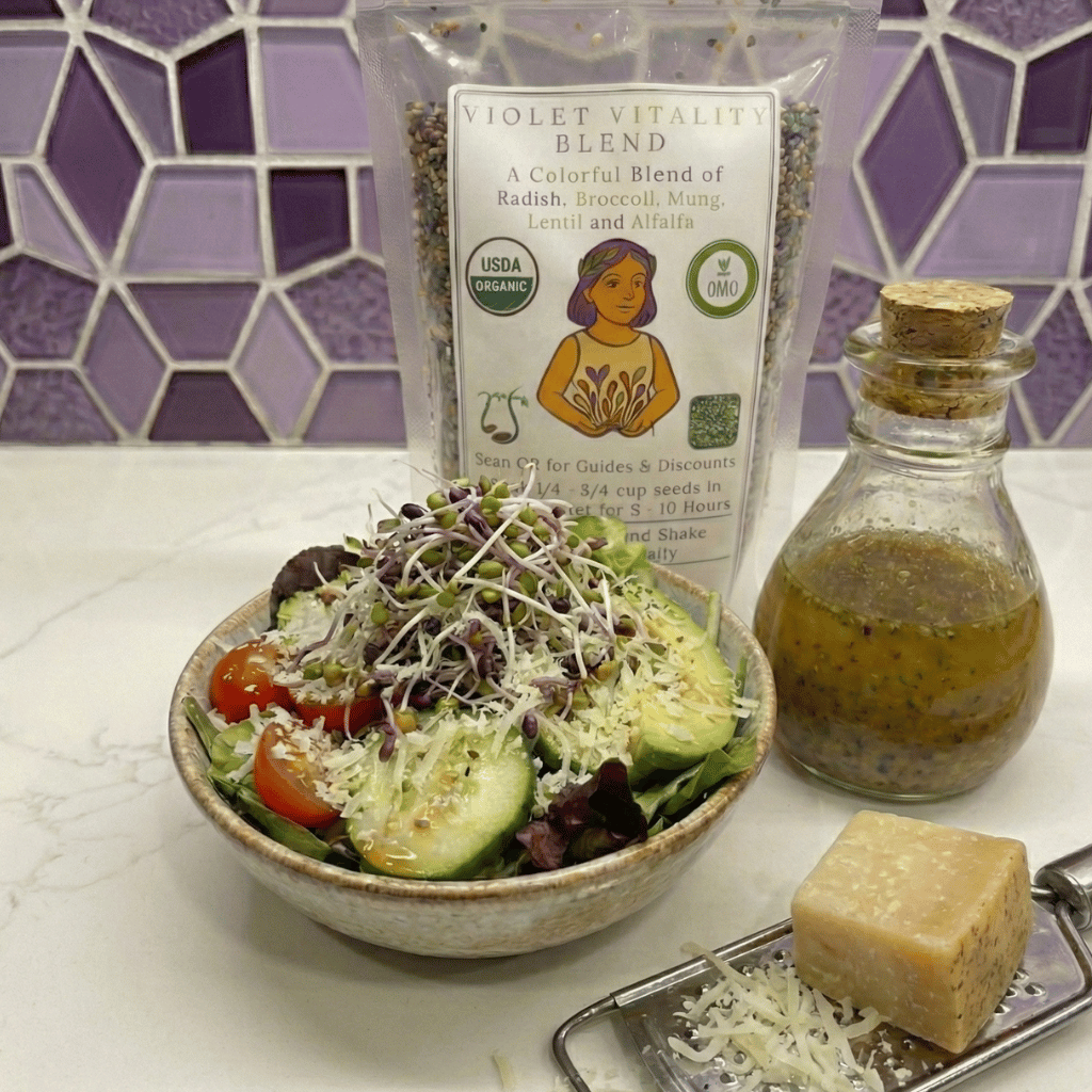 Sprout Spout Violet Vitality Blend Starter Kit: Sprout Spout + 4oz or 1lb seeds + Free Sprout Scoop